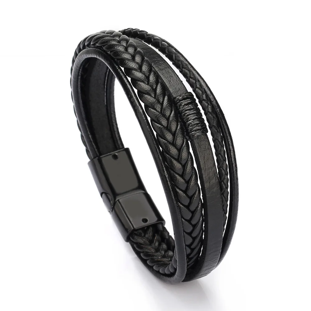 

New Arrival Men's Leather Handmade Jewelry Layered Leather Bracelet Magnetic Clasp Wrap Bracelet for Men