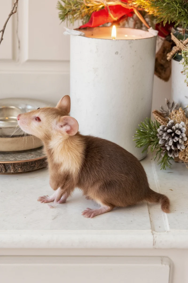 Outdoor market stall selling handmade Christmas mouse ornaments and decorations in Williamsburg