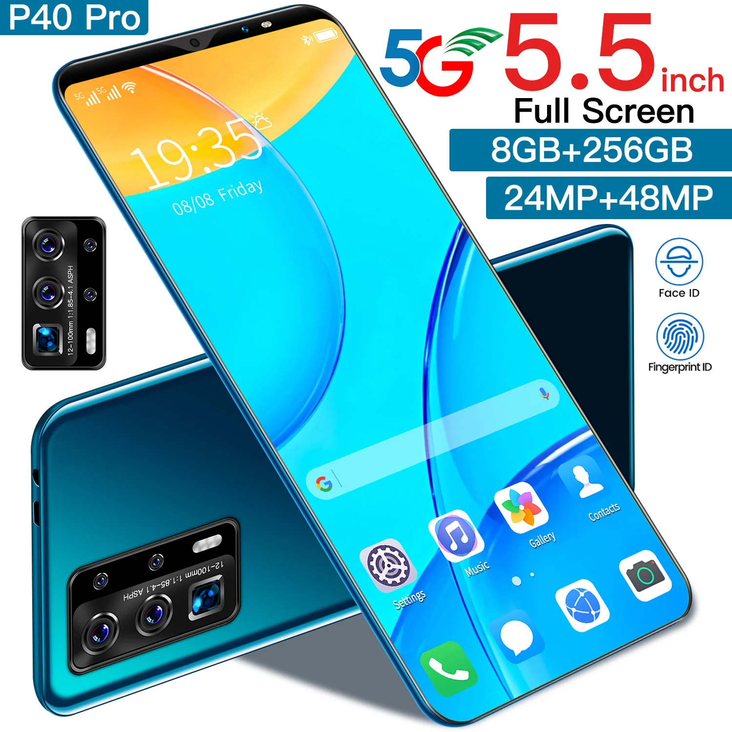 

P40 pro 1440x3040 HD full smartphone RAM8GB+ROM256GB Mobile phone 5.5inch HD screen custom logo Androidphone, Black, blue, green