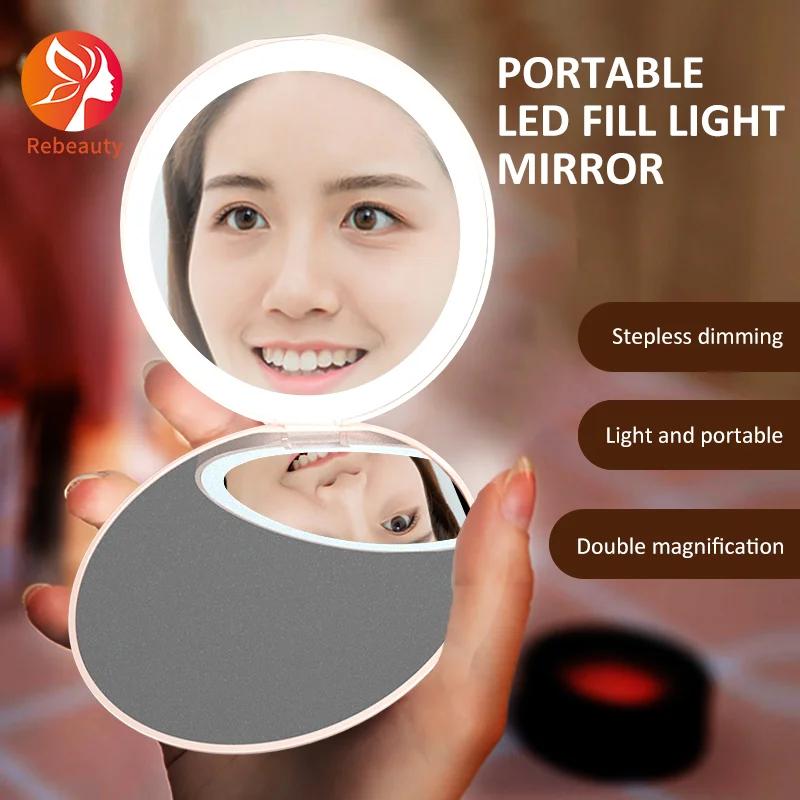 

Travel portable folding make up mirror with led light magnifying smart mini pocket led makeup mirror, White, pink