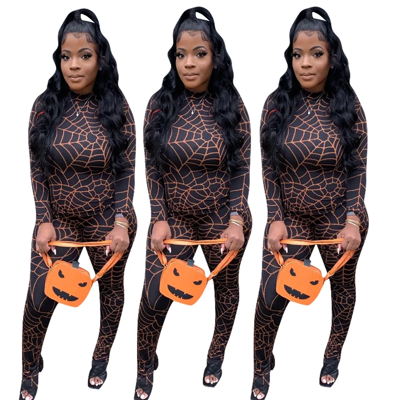 

Wholesale hot sales Sexy cobweb long sleeve pants suit Printed tight women's two piece set 2 piece set women