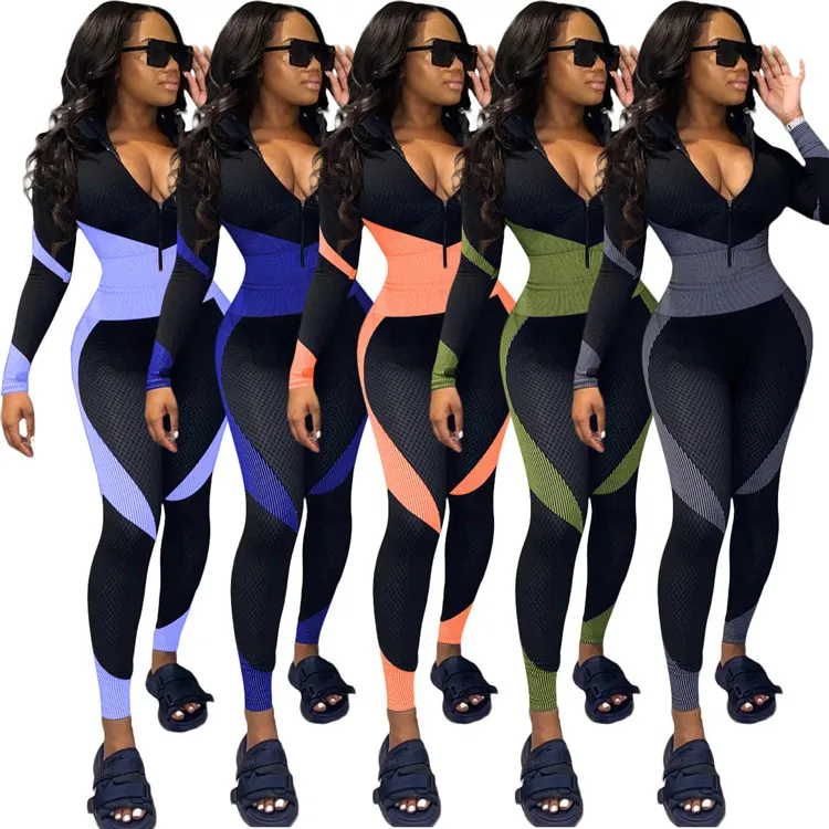 

Hot style autumn women fashion sexy clothing long sleeve printed deep v neck jumpsuit