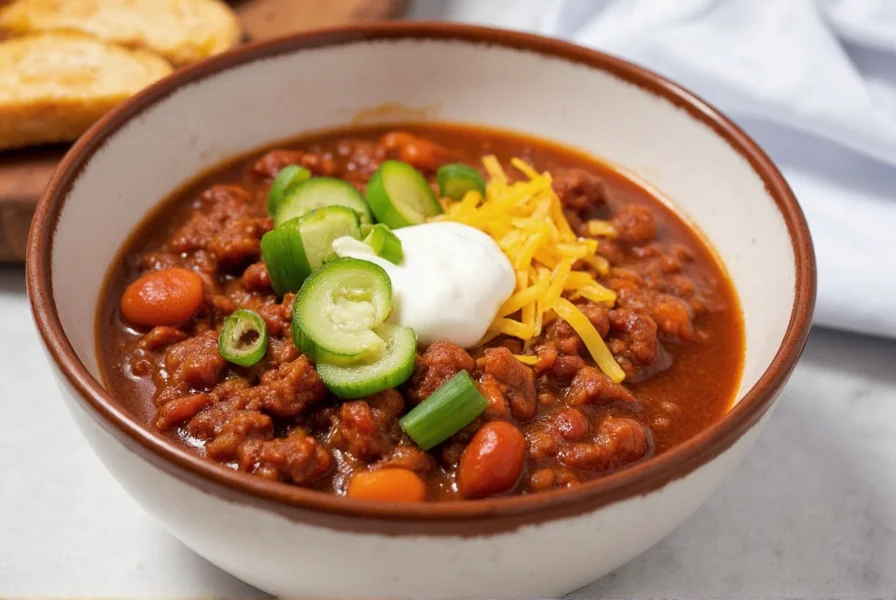 Hausgemachtes Chili in Schüssel mit Toppings wie Käse, Sauerrahm und Frühlingszwiebeln