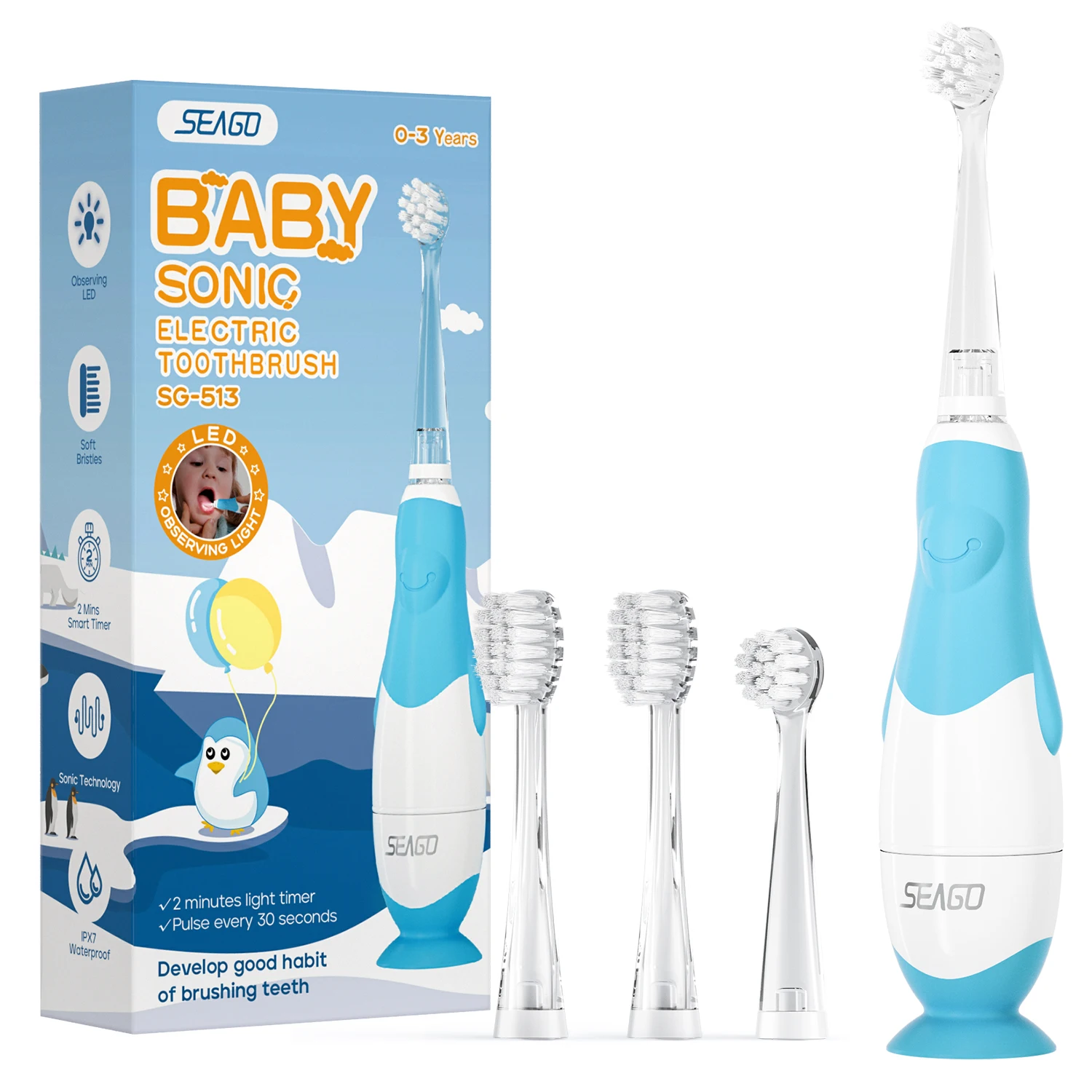 

SEAGO Wholesale Supplier SG513 Battery Powered Gentle Vibration LED Smart Timer Baby Infant Toddler Sonic Electric Toothbrush