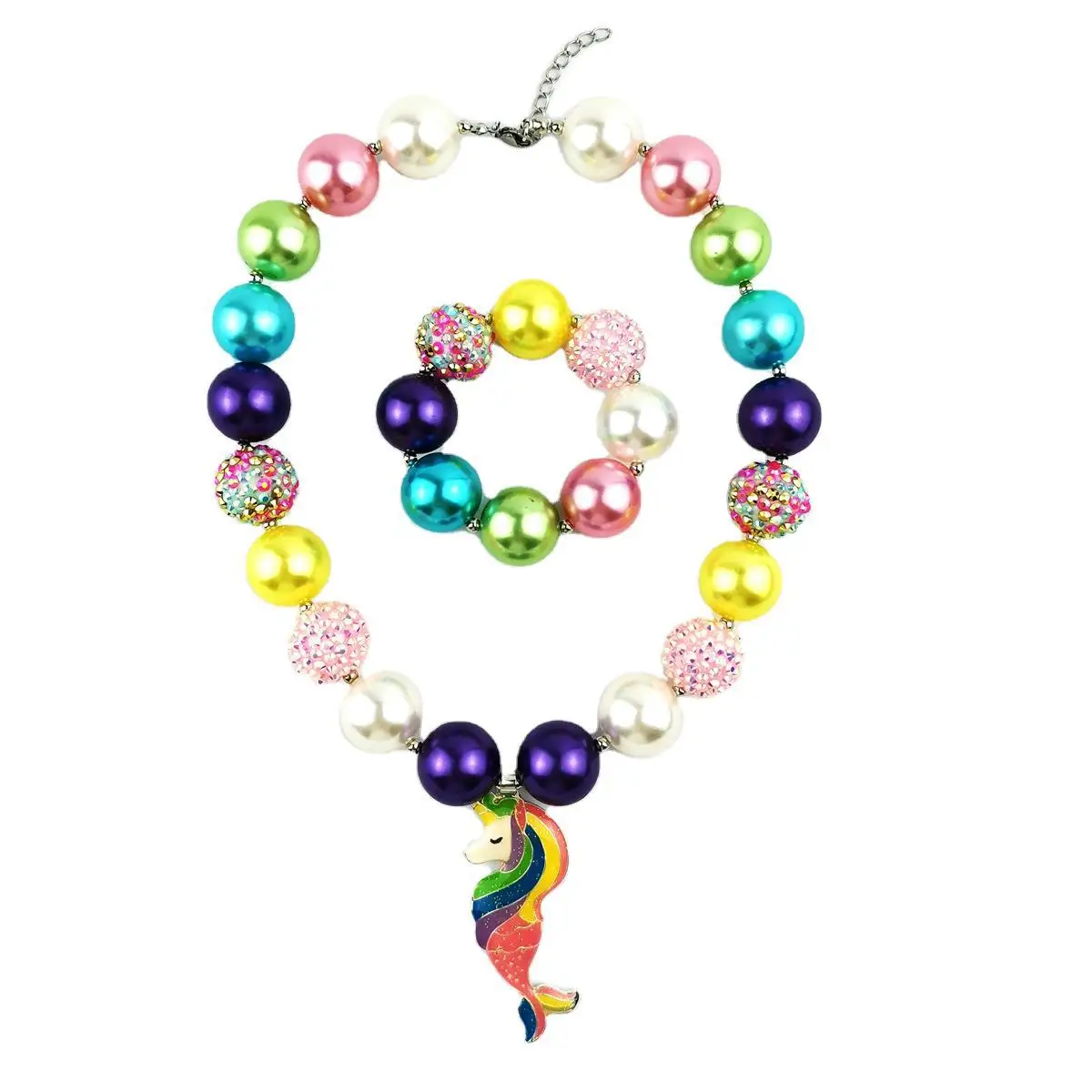 

kawaii Adorable Party Favors Dress up Candy Color CZ Bead Rainbow Unicorn Mermaid Girl Princess Necklace Bracelet Set Bijoux