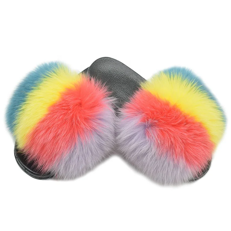 
Popular Fashion Open Toe Comfortable Real Raccoon Big Fur Slides Slippers for Women and Kids 