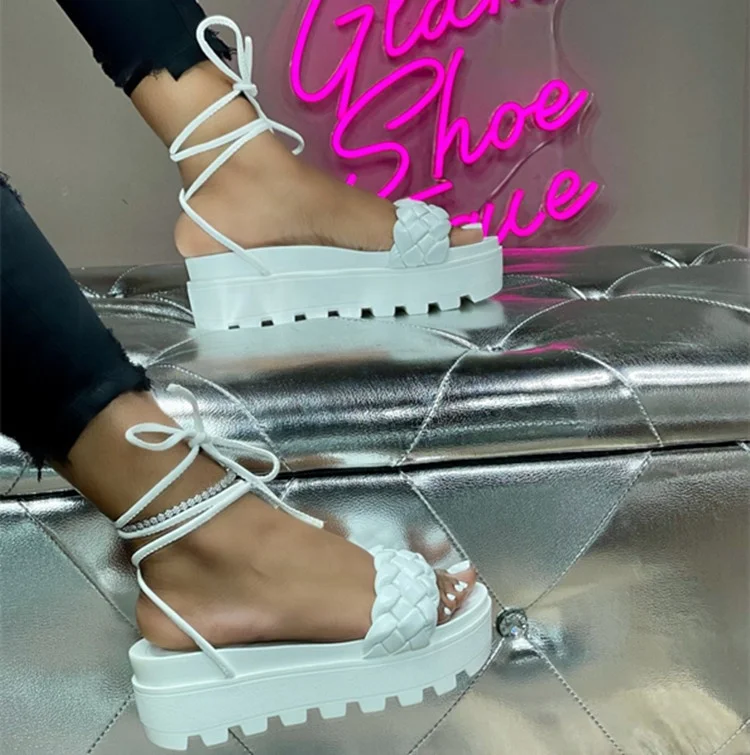 

2021 New Arrival Women Gladiator Lace up Platform Flat Sandals Ladies Chunky Heel Summer Beach Wedge Shoes, White,black,same as picture