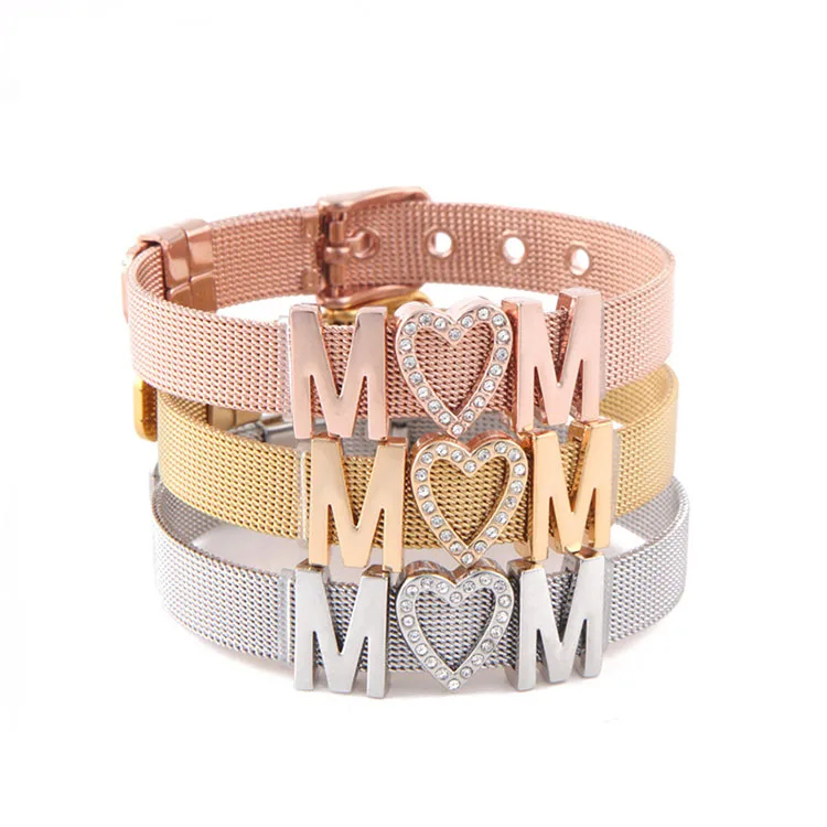 

Fashion Ladies Stainless Steel Mesh Bracelets Crystal MoM Charms Fine Bracelets Adjustable Bracelet for Mother's Day Gifts