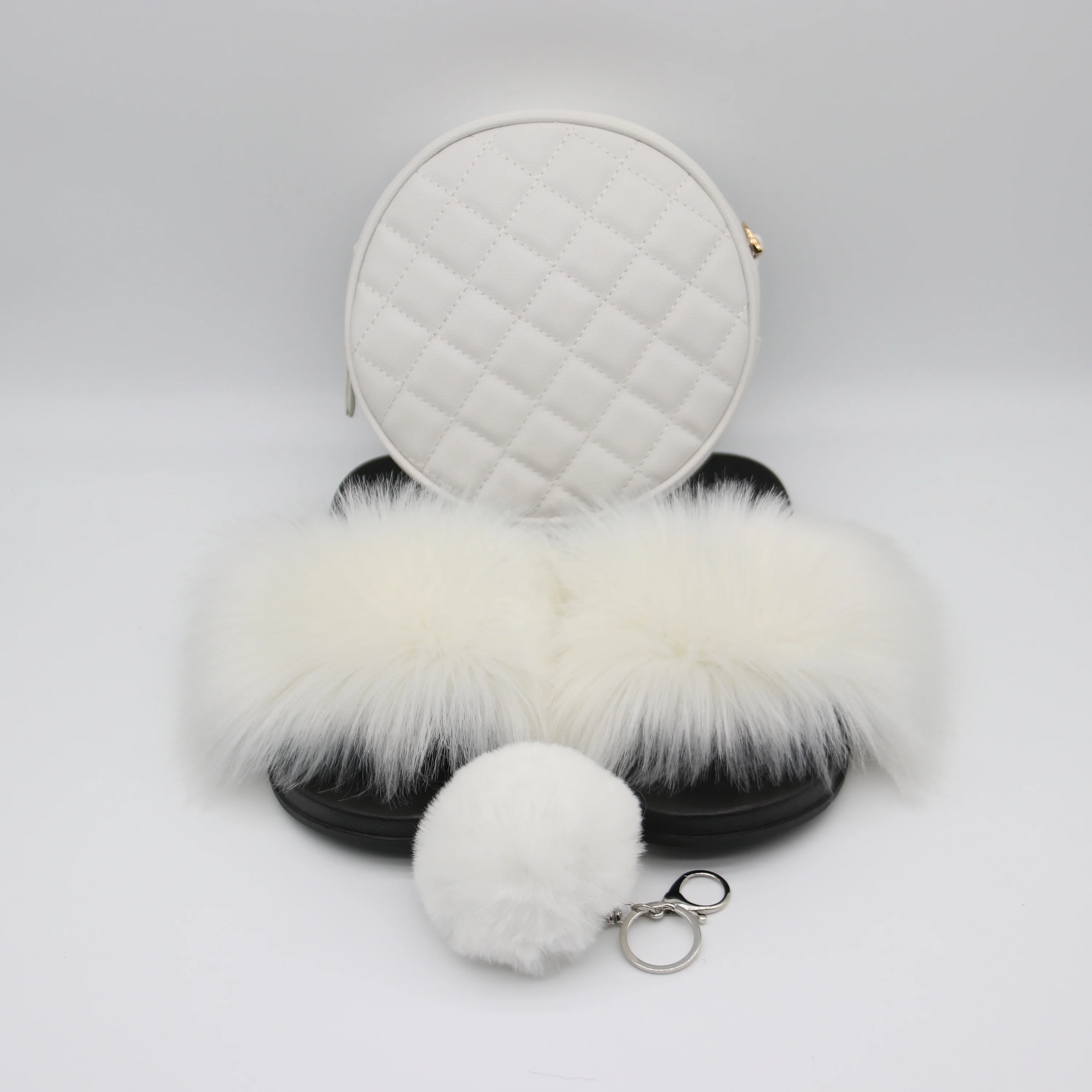 

new design fur slipper bag white PU leather purse and shoe matching sets