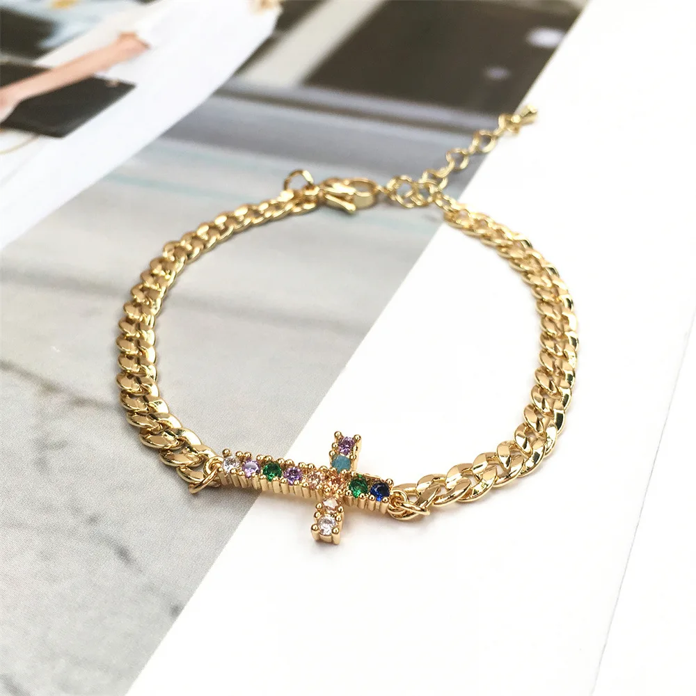 

Fashion Hip Hops Real Gold Plated Cuban Chain CZ Cross Charm Bracelet Colorful Inlaid Zircon Cross Bracelet