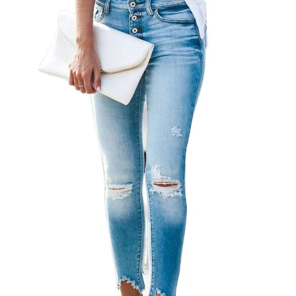 

Custom Femme Pantalon Denim Jeans Stacked High Elasticity Slim Fit Ripped Distressed Plus Size Women'S Jeans Pant, Blue