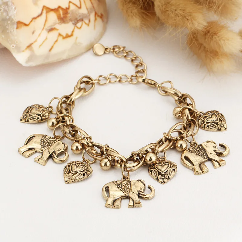 

Wholesale Women Anklet Jewelry Vintage Style Elephant Heart Charm Chain Anklet, Gold silver