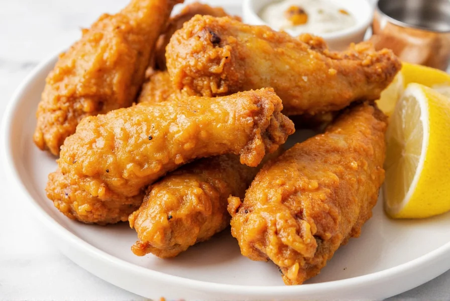 Crispy golden chicken wings coated in glossy lemon pepper sauce on white plate with lemon slices