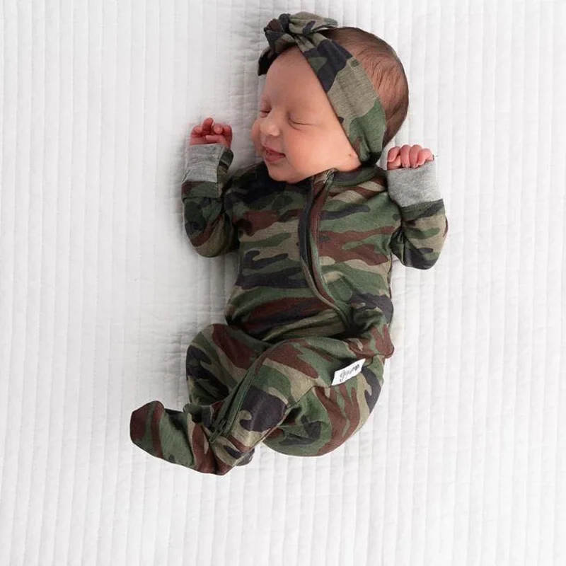 

Wholesale newborn Baby boys and girls jumpsuit long sleeves camouflage printed rompers and headband for babies, Picture shows