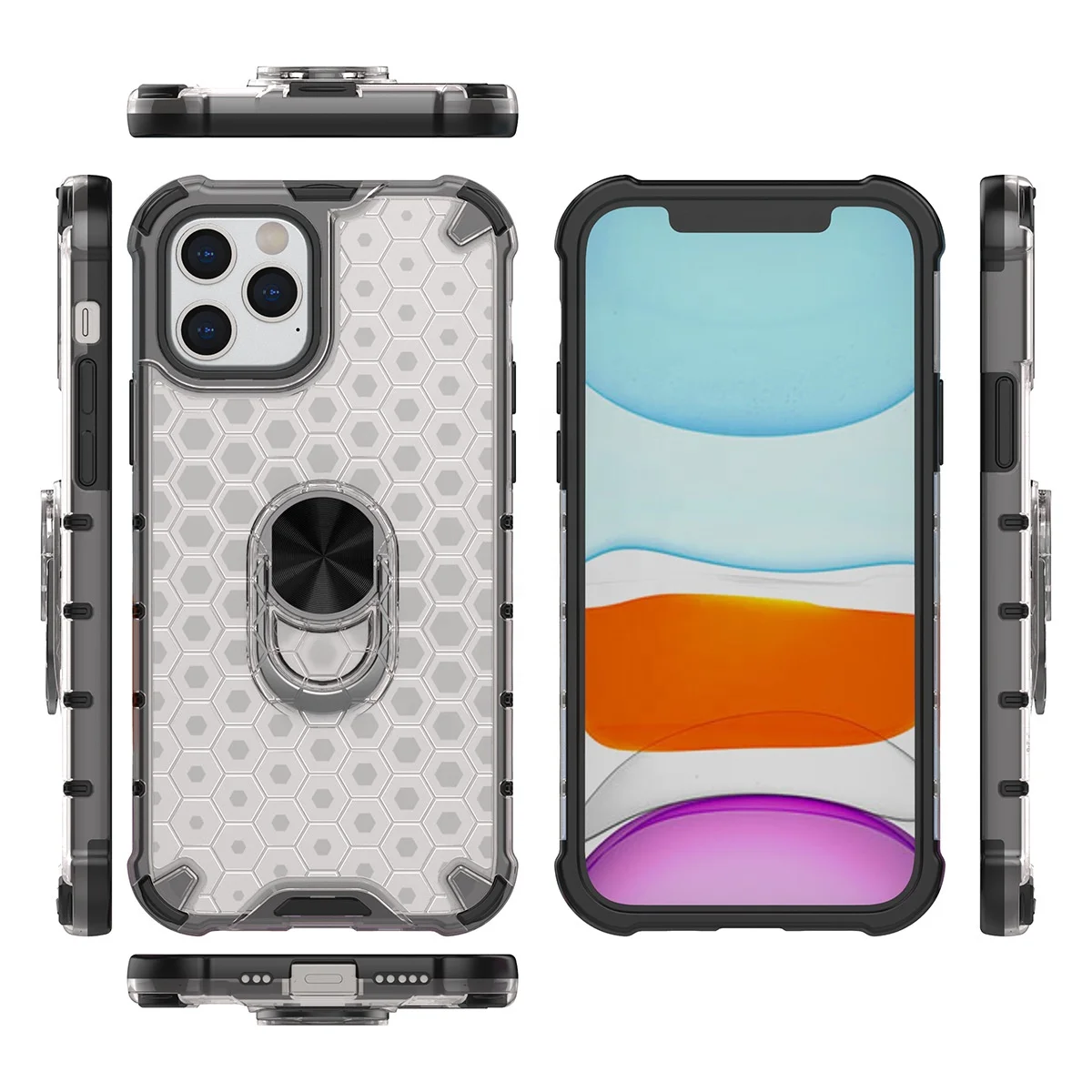 

Honeycomb Clear Shockproof Armor Case For iPhone 12 11 Pro Max 12 Mini XS Max XR XS X 7 8 6S Plus SE 2020 With Metal Ring Holder