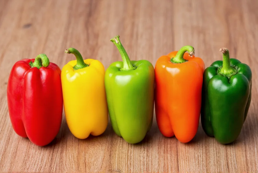 Five different colored Chinese peppers arranged in rainbow sequence on wooden table
