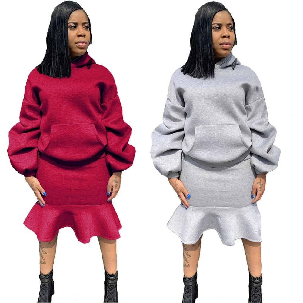 

B51239A New arrival autumn wear women pure color casual hoody with skirt
