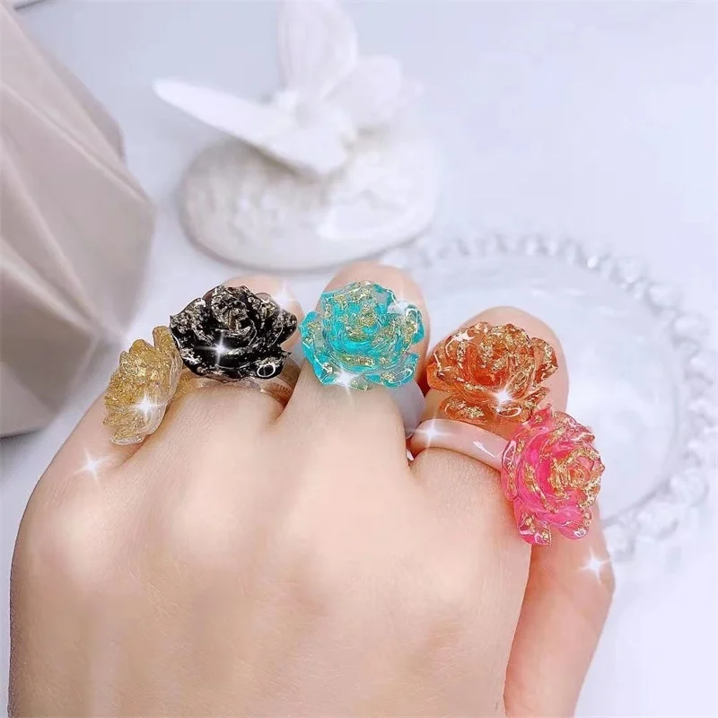 

CLARMER diy creative summer new resin three-dimensional flower petals gold foil color rose acrylic ring jewelry for woman, Picture shows