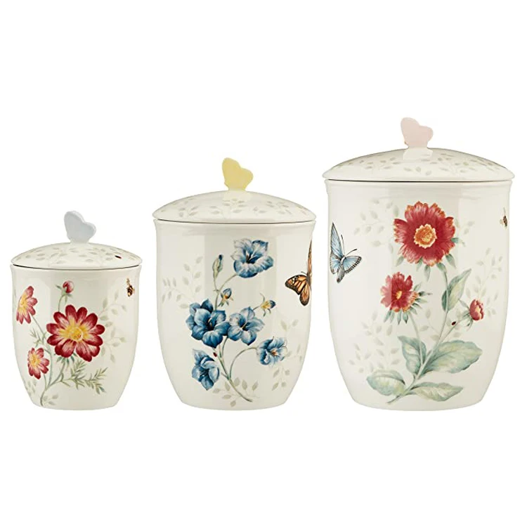 

set of 3 flower design home container with airtight lid kitchen ceramic storage jar