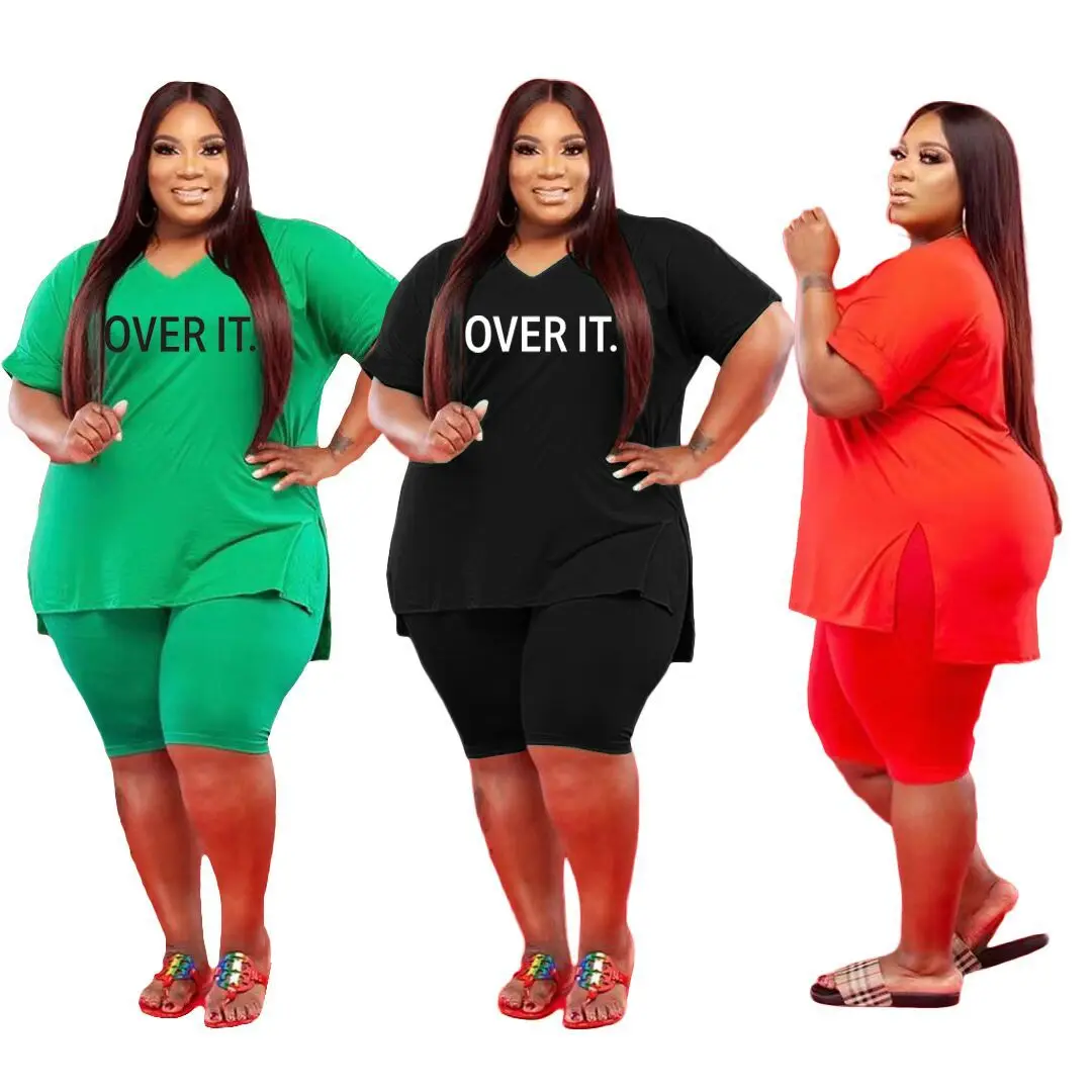 

2 Piece Sets Womens Outfits Plus Size 3XL 4XL 5XL Two Piece T Shirt and Short Matching Set Casual Summer Sweat Shorts Set Women, Red black&green