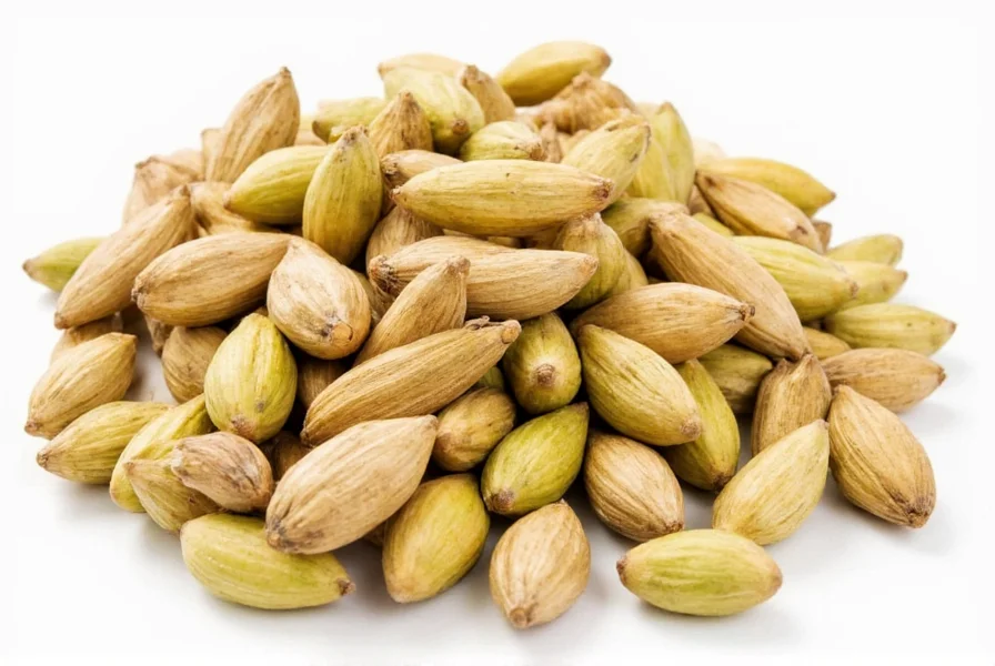 Close-up of green cardamom pods with phonetic pronunciation guide overlay showing KAR-duh-muhm