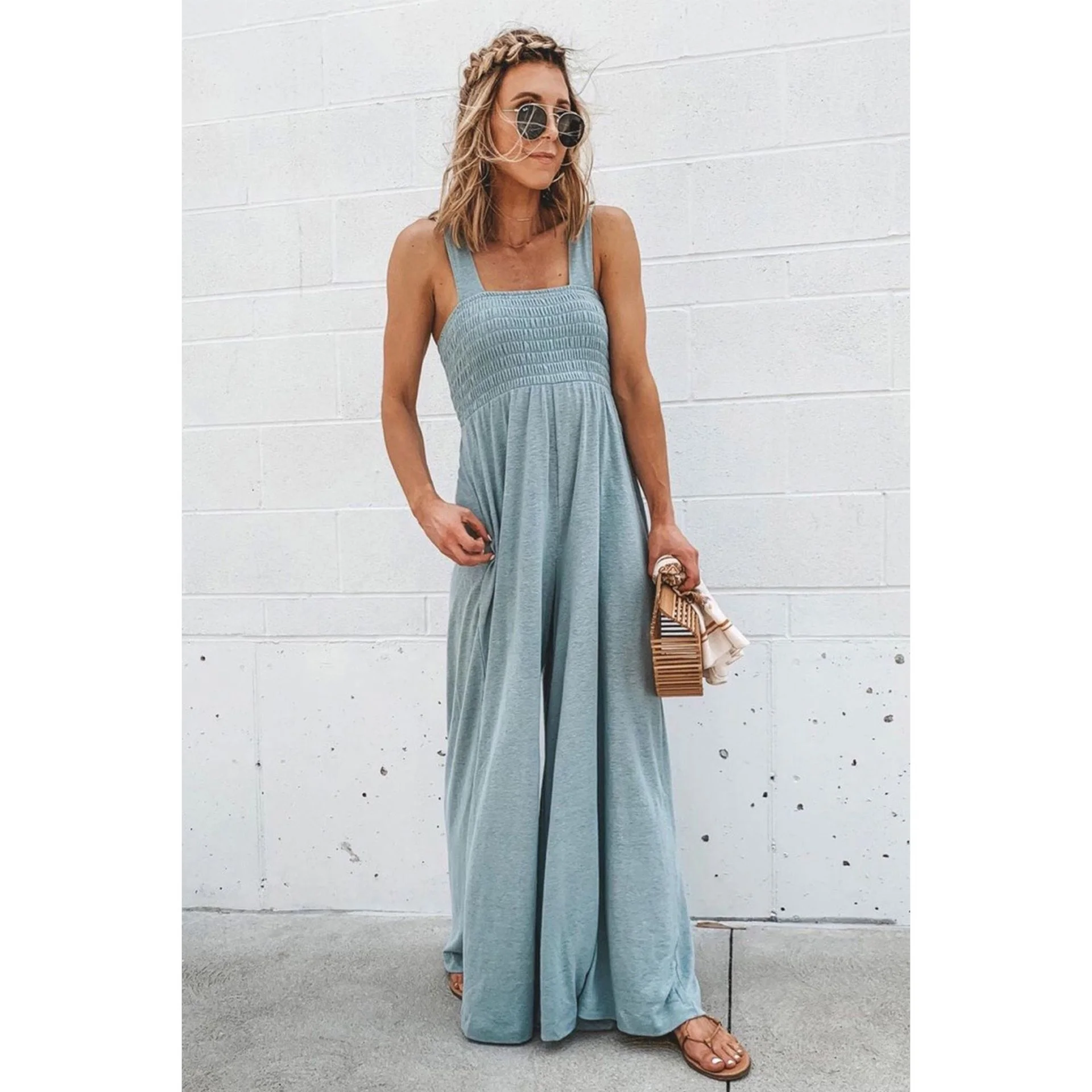 

SD354 Jumpsuit Loose Fit Women White Long Big Size Jumpsuit New High Waist Pocket Stitch Pants Fashion Tide Summer