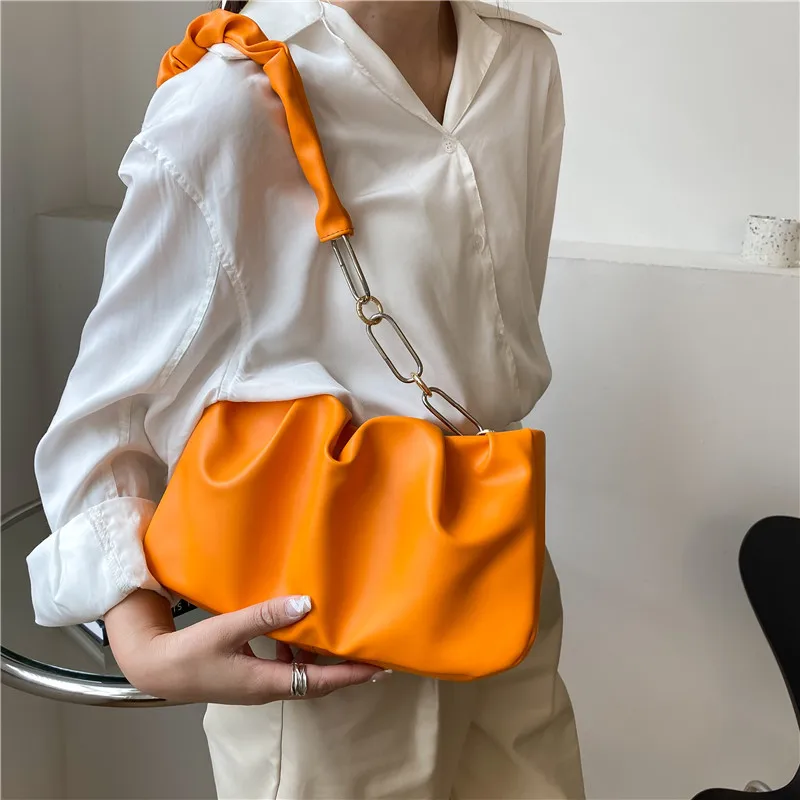 

Large Capacity Ruffles Chain Single Shoulder Bag Crossbody 2021 New Simple Solid Color PU Fashion Bag For Women, As photo show