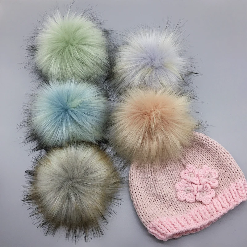 Faux Fur Pom Pom With Snap Buttons For Knitting Beanie Hats Fluffy