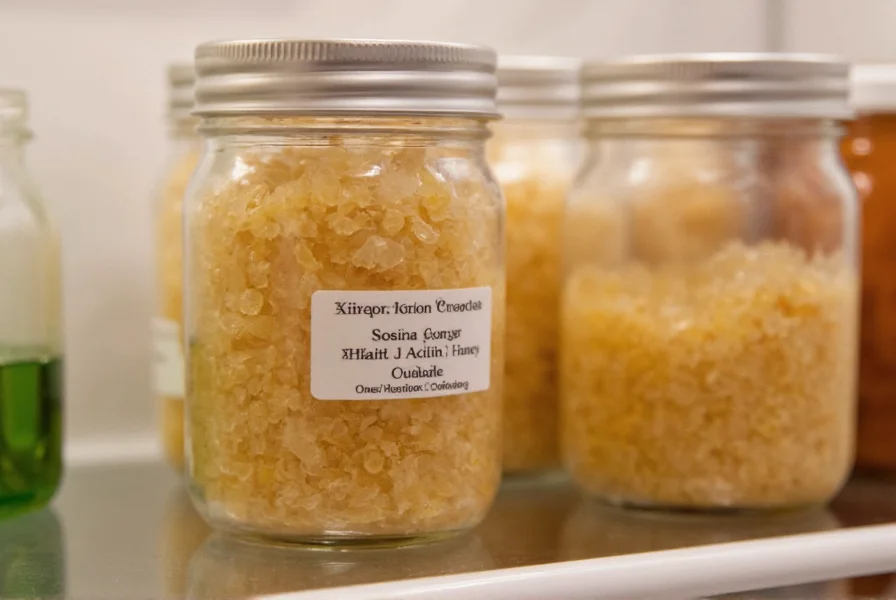 Glass jar of ginger honey crystals stored in refrigerator with proper labeling showing preparation date