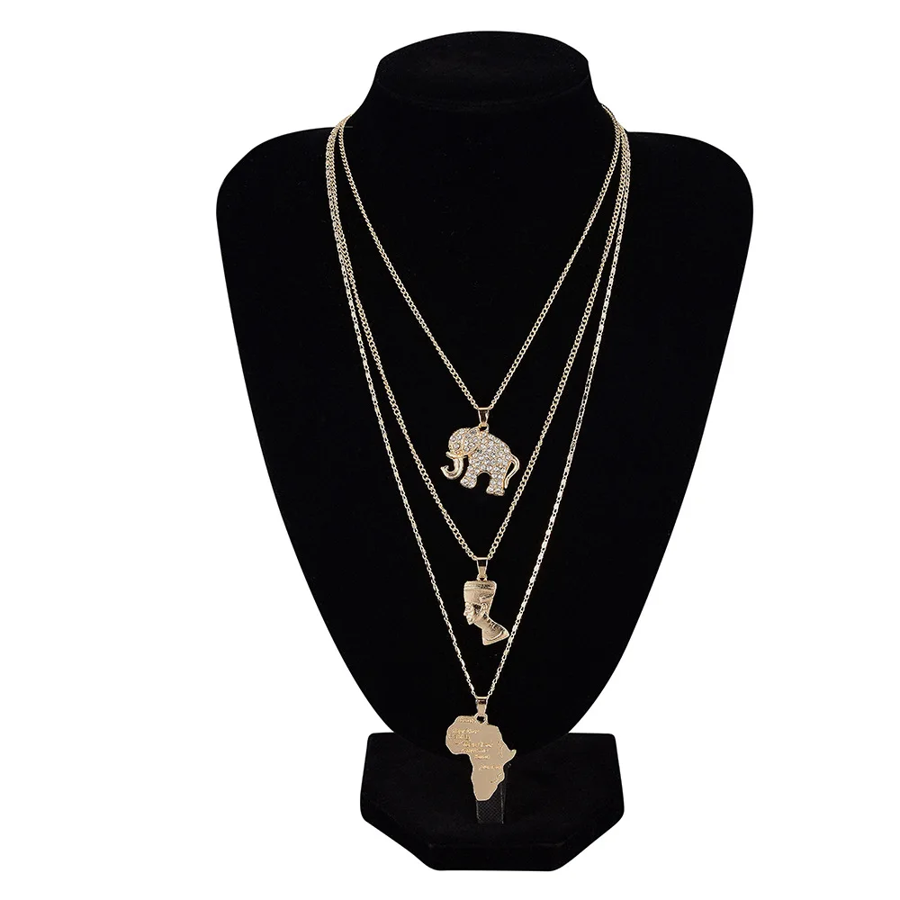 

Men Fashion New Simple Gold Trend Elephant Head Necklaces Personality World Map Crystal Jewelry Necklaces Women