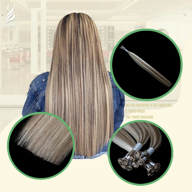 

YADING Brown Blonde 22inch 100% Virgin European Wefts Remy Double Drawn Hand Tied Hair Extensions