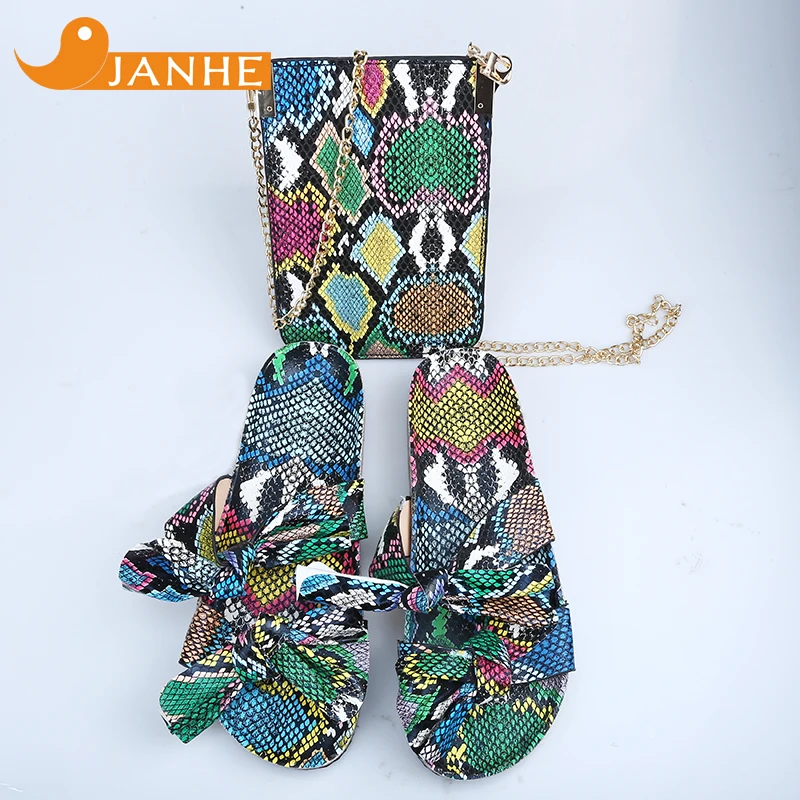 

Popular Style Colourful Square Hand Bag Women Bind Slippers Sandals Matching Snakeskin Handbags With Purses For Lady