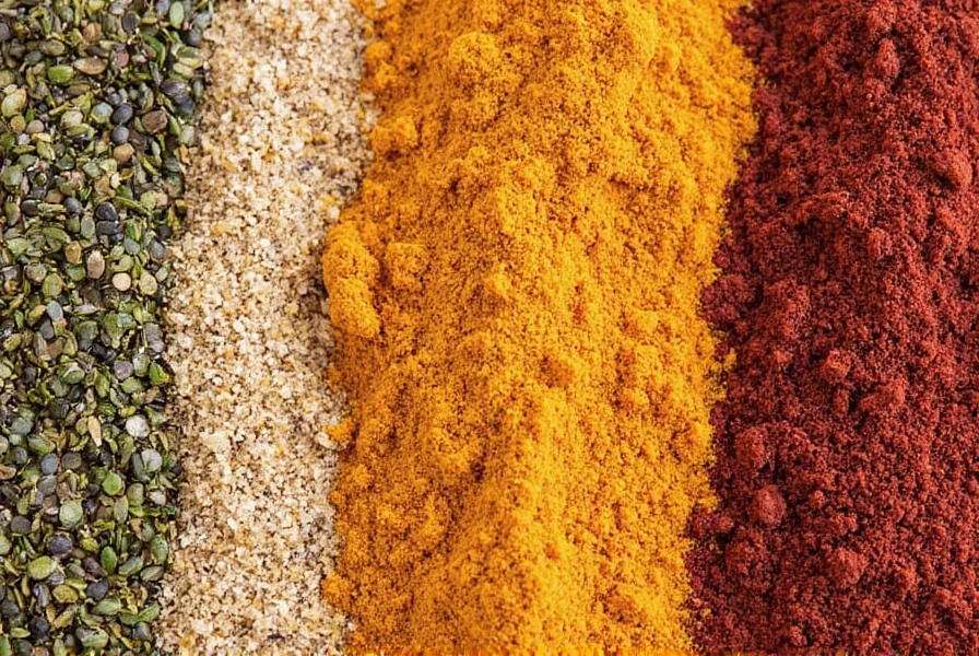 Glass jars of baharat seasoning on a shelf