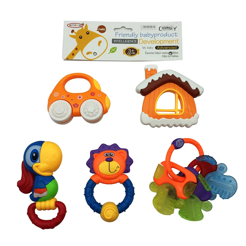 colorful squeezing 4pcs mixed shape hand bells plastic baby rattle toys