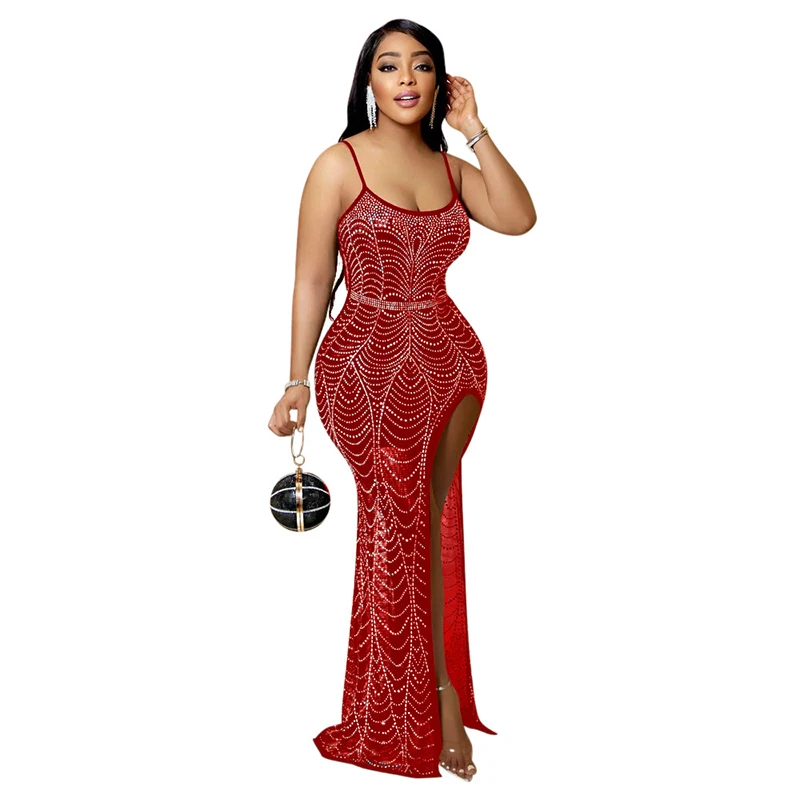 

Transparent Ladies Club High Slit Hot Drilling dress temperament sleeveless Floor Length Evening Sexy Party women crystal dress