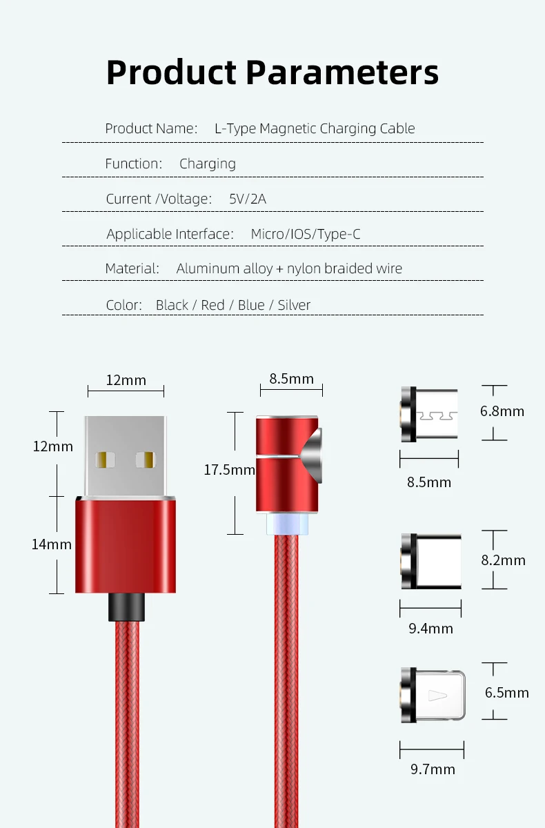 Classic L-shape 360 degree rotation round magnetic cable 1M 2M 3 in 1 connectors with led indicator Type C Micro Iproduct - ANKUX.COM