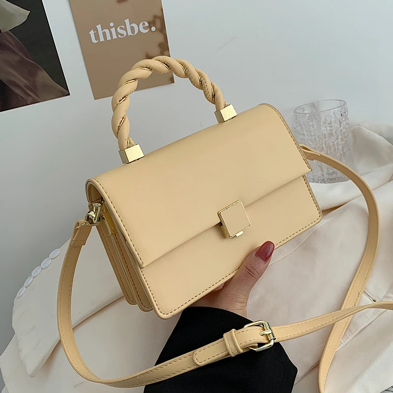 

Stylish Braided Handle Flap Handbag Smooth Vegan Leather Chic Clasp Messenger Bags Plain Crossbody Bag Female Handbags, 4colors
