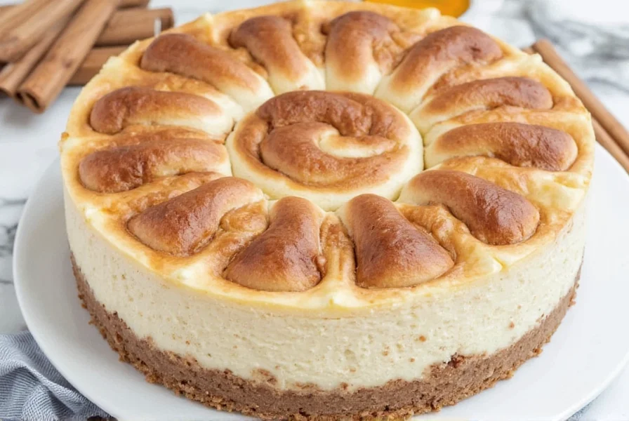 Finished cinnamon roll cheesecake with visible swirls and golden brown topping on a white plate