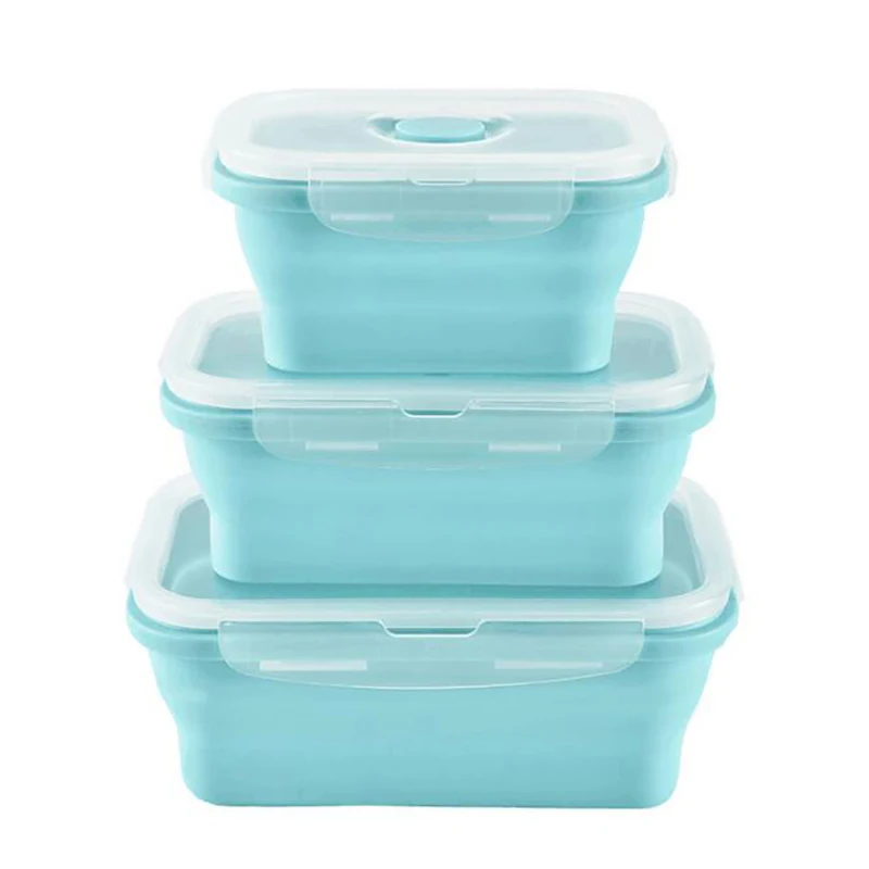 

3 Pieces Tableware Sets Pink Retractable Lunch Box Student Foldable Bento Box Heat Resistant Crisper Silicone Folding Lunch Box, Blue pink