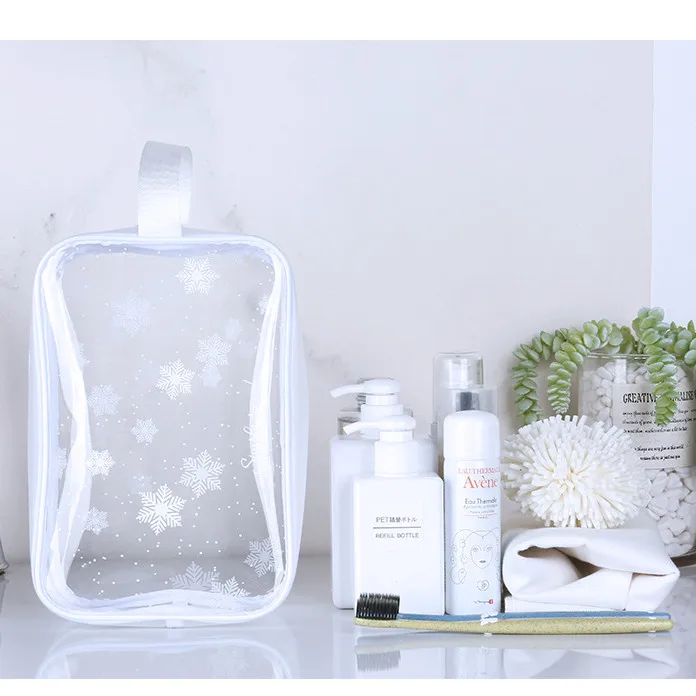 

Transparent TPU cosmetic toiletry bag multi-functional white snowflake portable travel waterproof wash and gargle storage bag