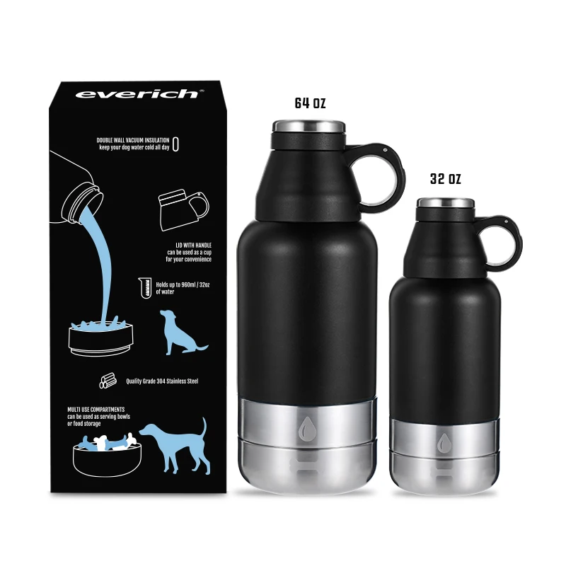 

3 in 1 Double Wall Stainless Steel Vacuum pet dog cat water bottle 32oz with two feeder bowls travel outdoor powder coating