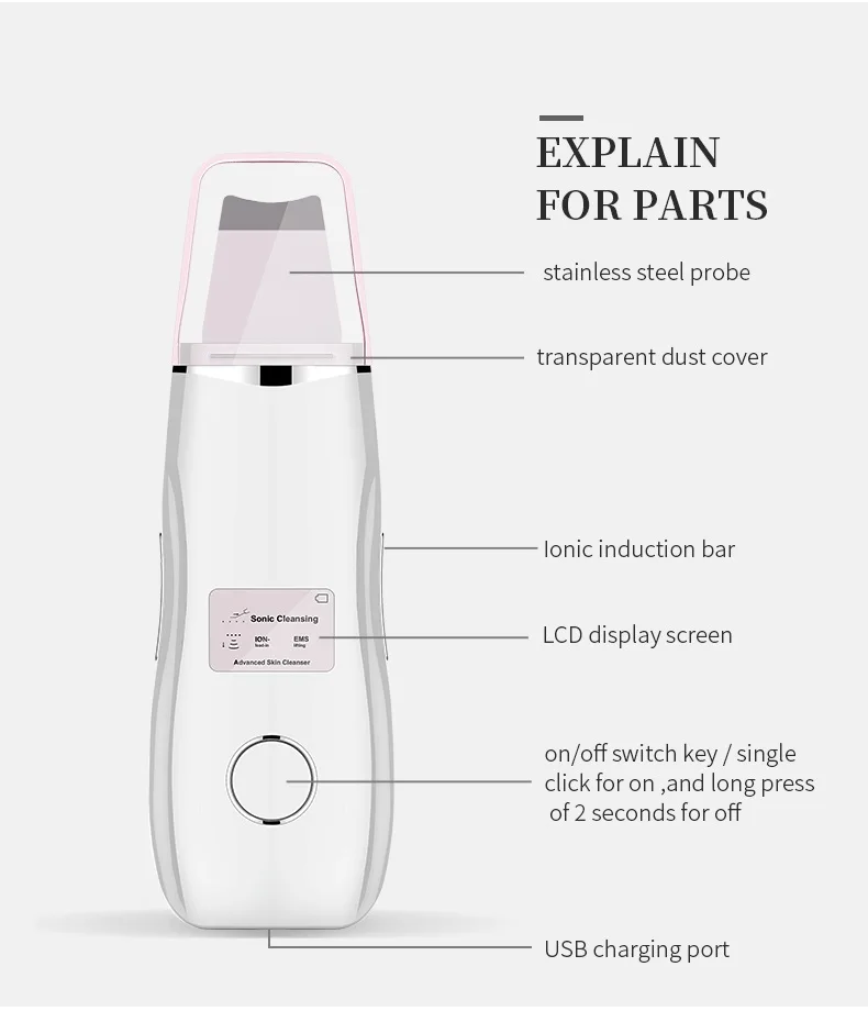

Professional Ultrasonic Facial Skin Scrubber Ion Deep Face Cleaning Peeling Rechargeable Skin Scrubber Device Beauty Instrument, White/pink