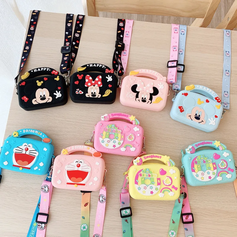 

2022 toddler kids rainbow doughnut doraemon mickey minnie mouse crossbody shoulder hand bag small cartoon silicone coin purse, Red, pink, white,black,yellow,blue