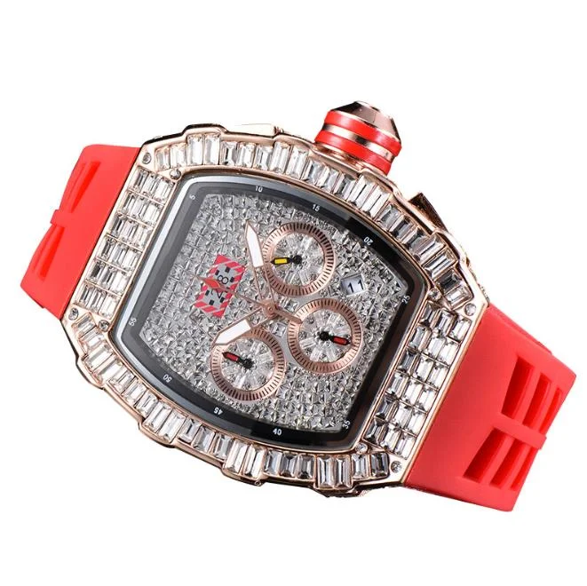 

Hip Hop RM Luxury Men Quartz Diamond tonneau Fully Iced Out Richard Watch red bule Silicone strap