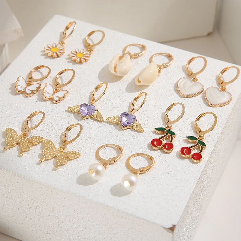 

Free Shipping & Free Sample Jewelry Heart Flower Butterfly Women Plated 18K Gold Huggie Earrings Set