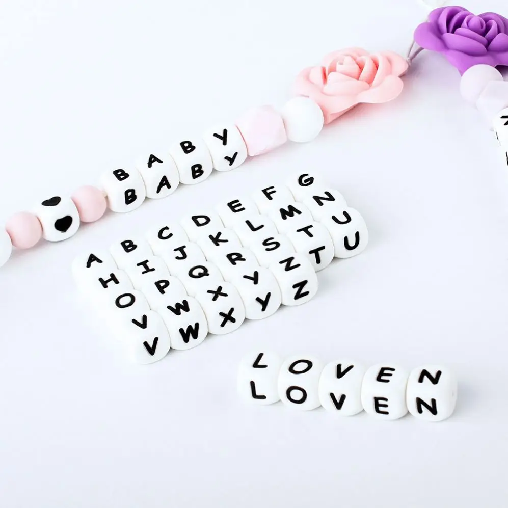 

HUAMJ 12mm Food Grade Silicone English Letter alphabet Beads For Baby Teething Necklace Wholesale, White