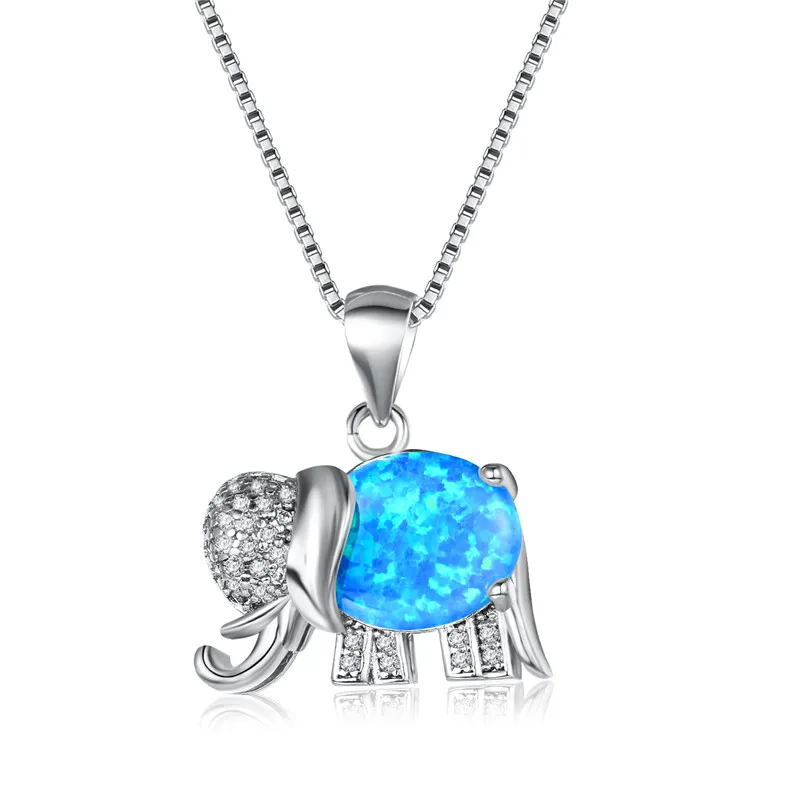 

Blue White Fire Opal Cute Elephant Pendant Necklaces For Women 925 Silver Animal Jewelry Vintage Fashion Chain Necklace