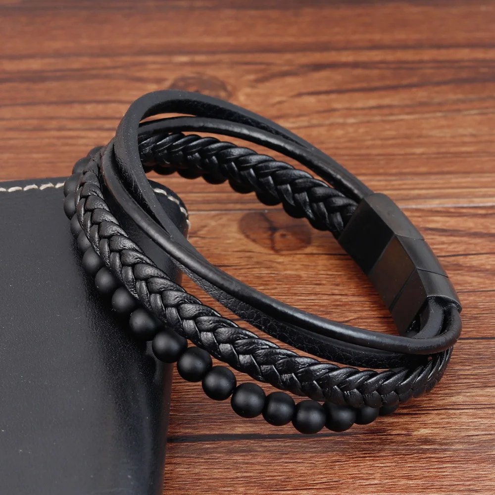 

Black Braided Leather Bracelet Natural Lava Volcanic Stone Bracelets Stainless Steel Three-Button Bracelet