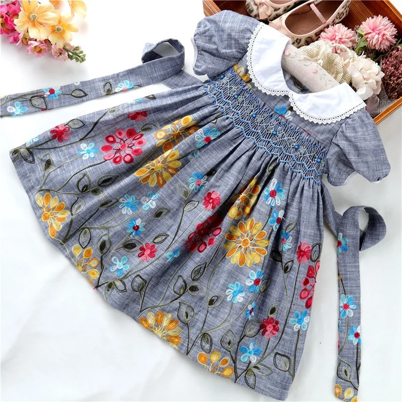 

wholesale smocked dresses for girls dresses summer cotton baby frock hand made embroidery wholesale kids clothes B2110