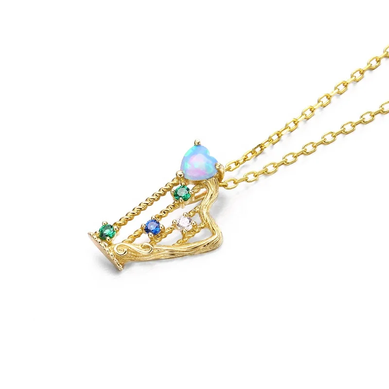 

9K solid Gold Zircon Artificial Blue Opal Harp Pendant, Yellow gold
